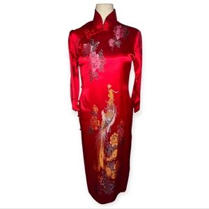 Vintage Red Phoenix Cheongsam Qipao Dress Mandarin Collar Liaofan S